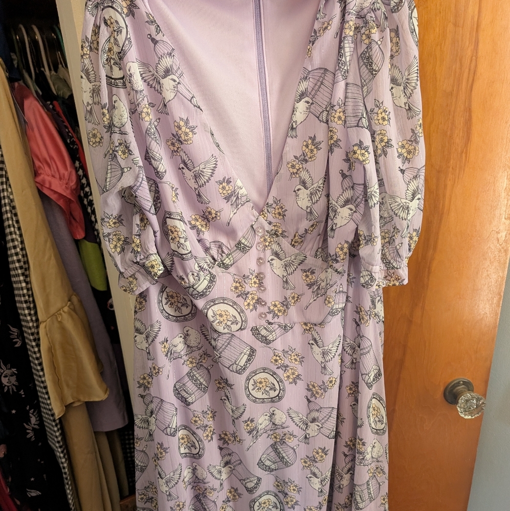 Lavender Birdcage and Floral Print Dress By Hell Bunny